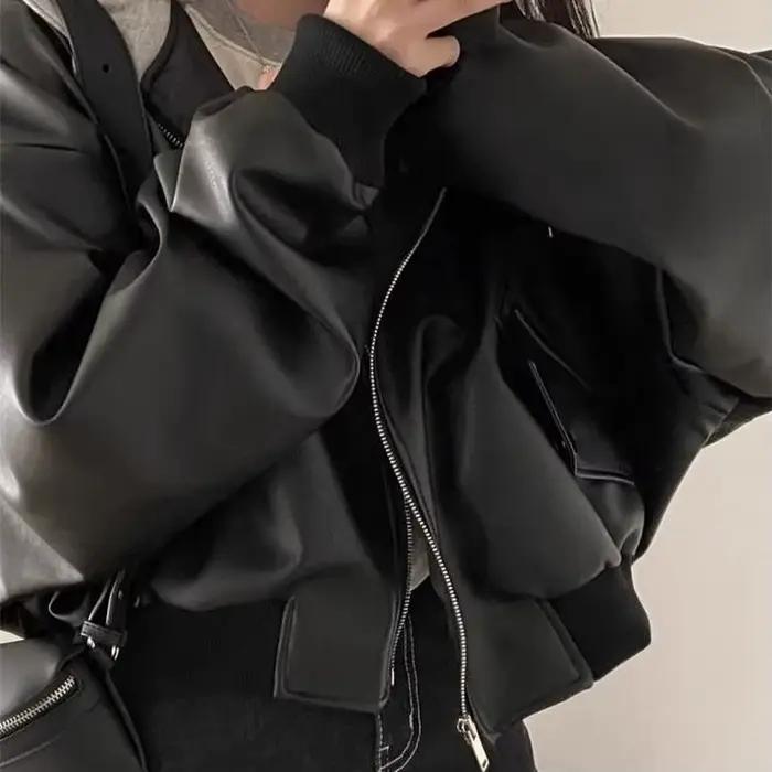 Veste coréenne haut de gamme en cuir PU noir pour femmes