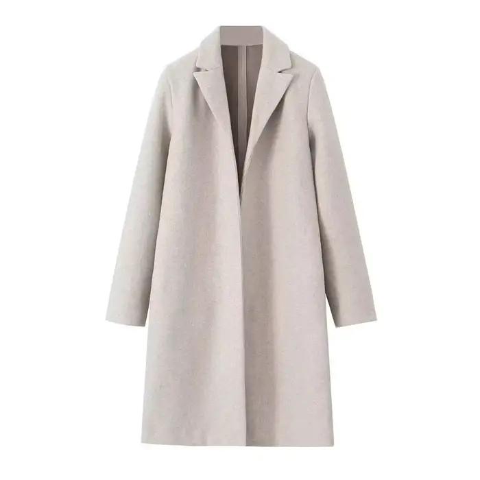 2025 femmes manteau en laine mode solide point ouvert longs Trench manteaux Vintage col en v manches longues femme Chic dame tenues