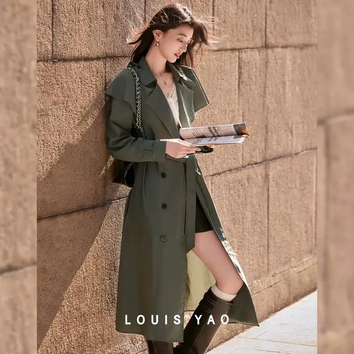 LOUIS YAO Trench-coat pour femme Automne 2026 Couleur unie Coupe ample Manches longues Col châle Vêtement d'extérieur Décontracté Coupe-vent