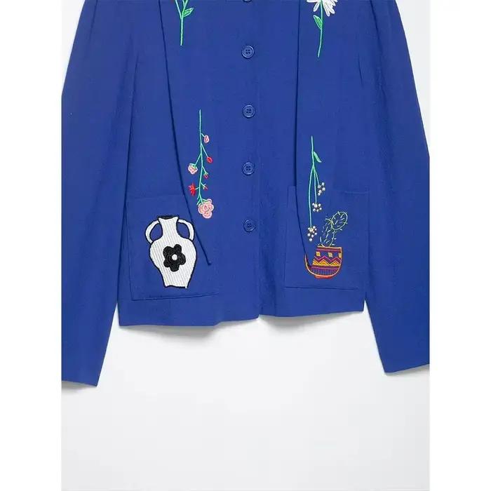 Nouvelle Collection 2026 : Vestes Brodées Bleues pour Femme – Style Vintage, Boutonnage Simple, Col Rond, Manches Longues – Tenues Élégantes et Chics pour Dames