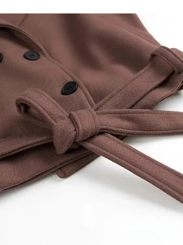 KONDALA Vintage femmes vestes marron solide col rabattu Double boutonnage ceinture à manches longues manteau mode 2025 automne vêtements d'extérieur