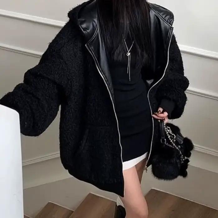 Manteau noir, veste en cuir pour femme