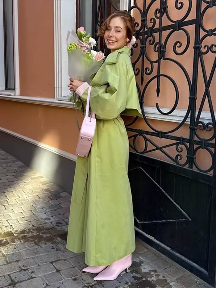 Veste longue unie à lacets sur le devant pour femme, manches bouffantes longues, ample, décontractée, polyvalente, manteaux tendance, nouvelles vestes pour femmes automne hiver 2025