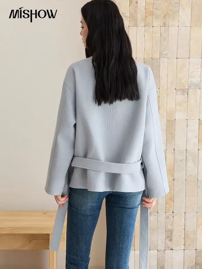 MISHOW bleu manteau de laine femmes 2025 hiver nouveau Double boutonnage à lacets