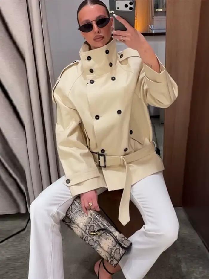 Manteau Trench Chic Avec Double Boutonnage Pour Femme Occasions Printemps Automne Polyester Elégance Urbaine Mode Streetwear