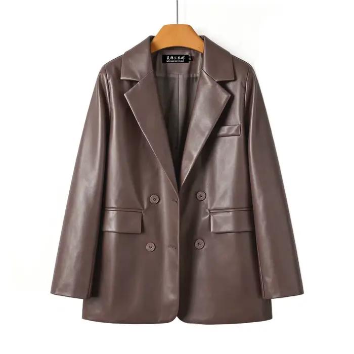 Veste de costume pour femme en simili-cuir, style britannique, décontractée et élégante, pour bureau et sorties, bleu ciel, beige, bleu, noir