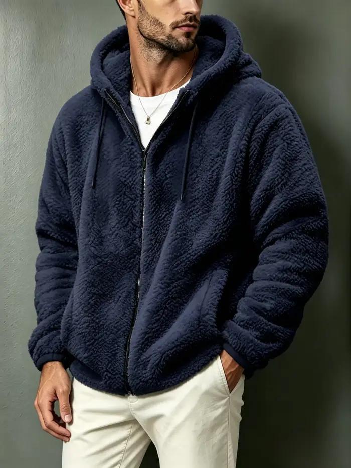 Veste à capuche zippée en polaire sherpa pour homme, avec cordon de serrage, manches longues, manteau décontracté chaud