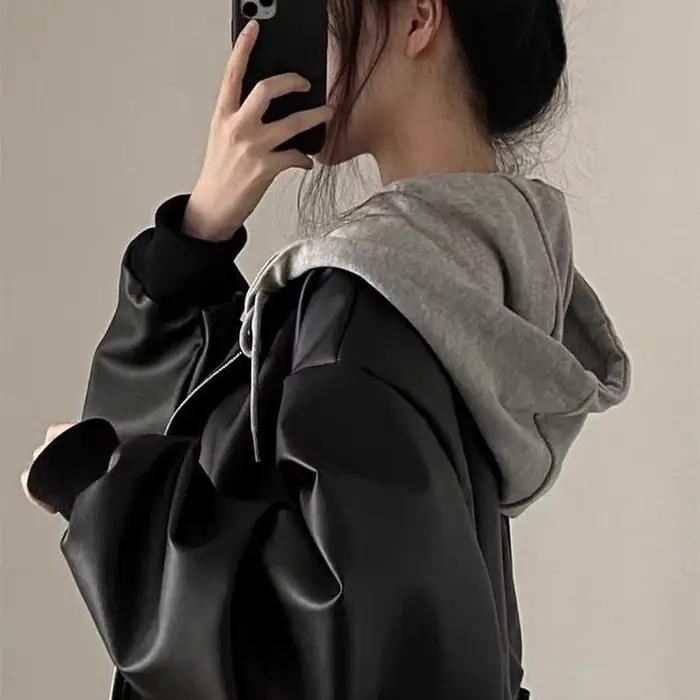 Veste coréenne haut de gamme en cuir PU noir pour femmes
