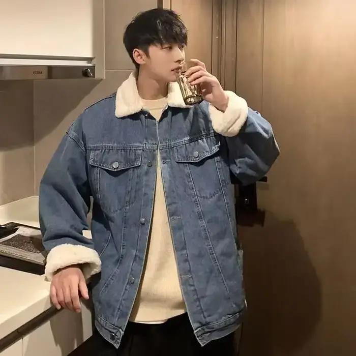 Manteau de Cowboy d'hiver pour hommes, vestes en Denim chaudes Vintage, rembourré Sherpa, ample, élastique, rétro japonais, vêtements d'extérieur de haute qualité, 2025