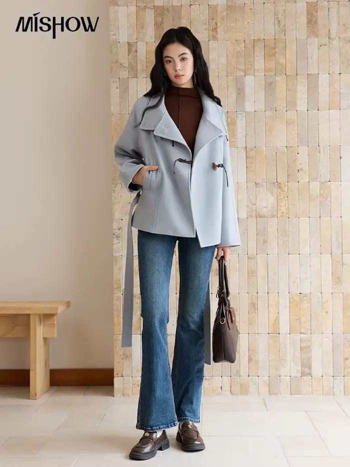 MISHOW bleu manteau de laine femmes 2025 hiver nouveau Double boutonnage à lacets