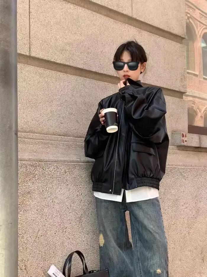 Vintage veste en cuir PU femmes haute rue Techwear surdimensionné Moto Biker manteaux BF Punk ample décontracté recadrée vêtements d'extérieur