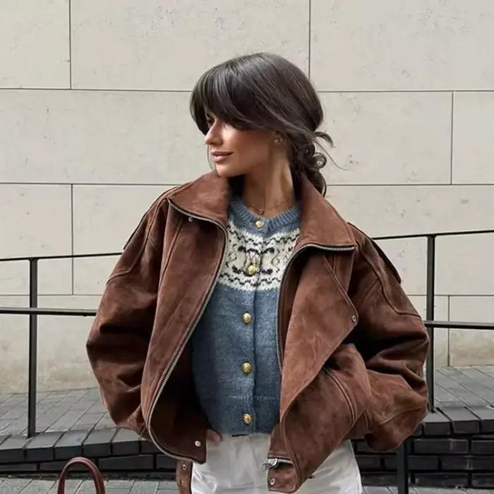 Vestes en cuir suédé à revers Maillard pour femmes