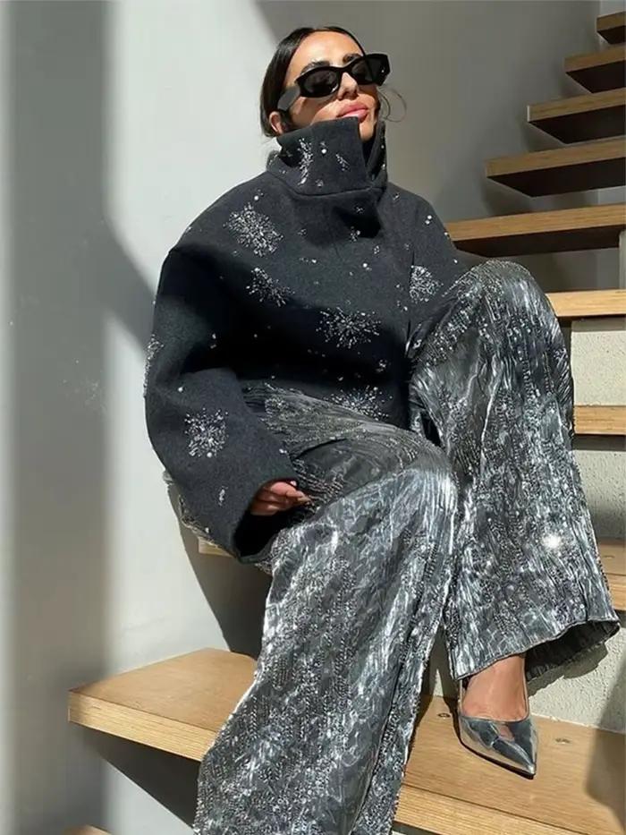 Col roulé perle chaîne laine manteau femme ample paillettes fleur classique Vintage veste décontracté mode manches