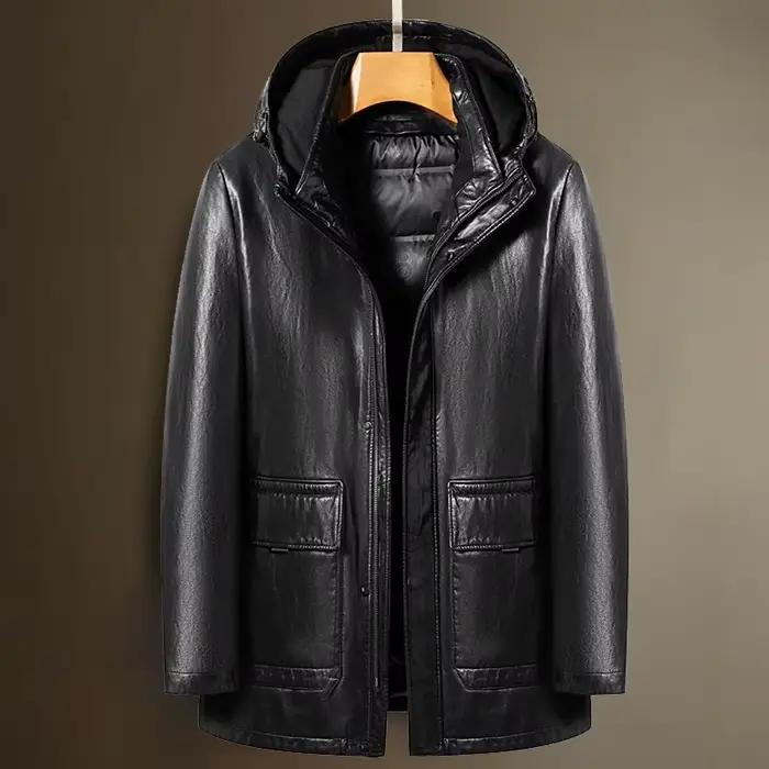 Veste à capuche en cuir véritable pour hommes, manteau en peau de mouton, coupe-vent masculin, doudoune d'hiver, manteau en duvet de canard