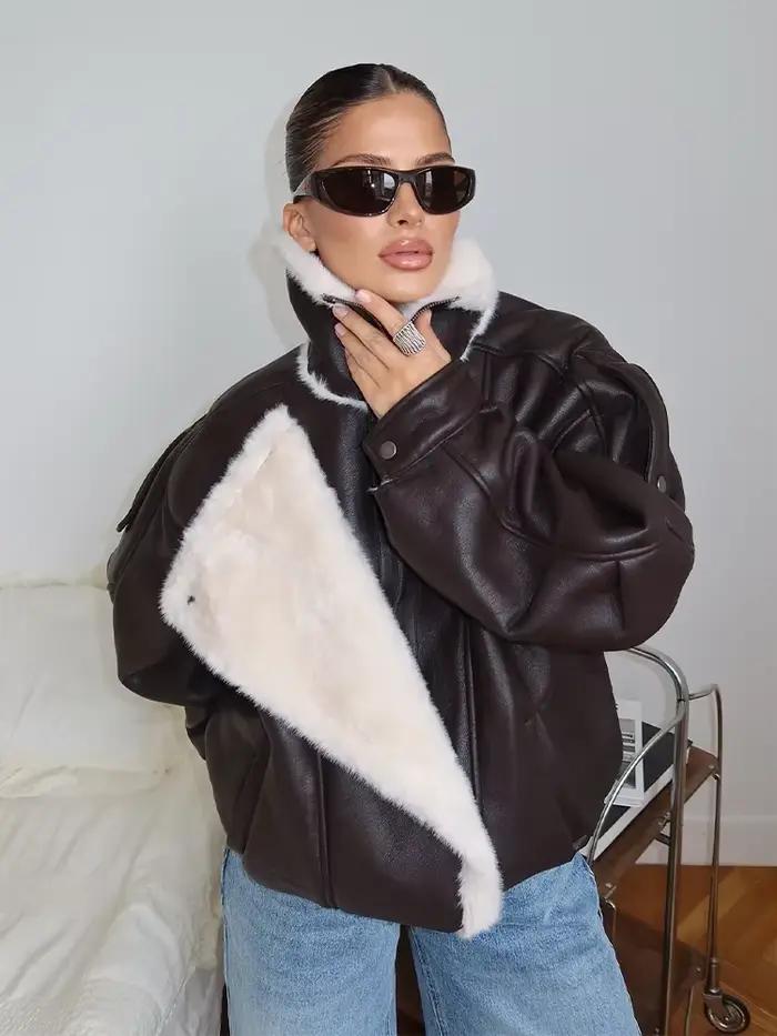 Veste irrégulière en cuir PU marron foncé pour femme
