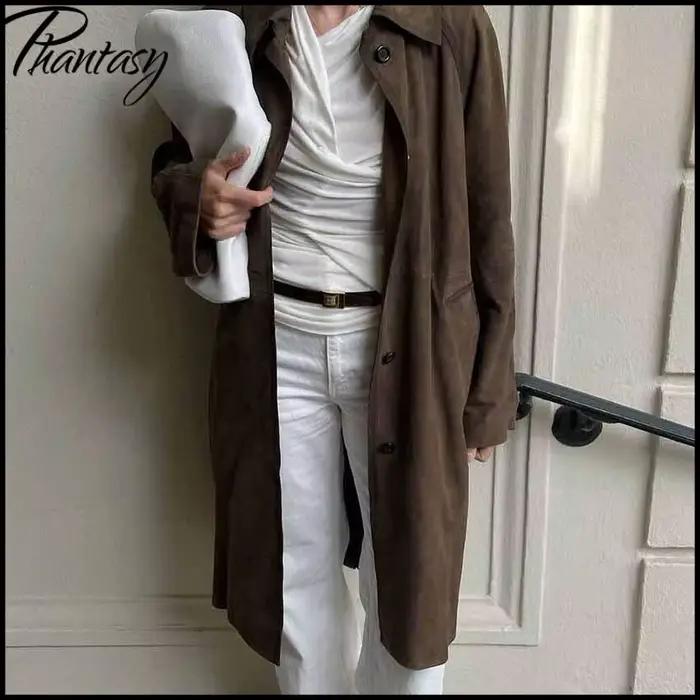 Veste en daim ample vintage pour femme, élégante, marron, à manches longues, style trench-coat, pour le bureau ou le streetwear, tenues automne-hiver 2026