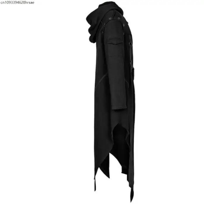 Manteau gothique médiéval pour hommes, Trench-Coat à capuche irrégulière, Hip Hop, Steampunk, Long pardessus noir, Costume de Cosplay d'assassin pour Halloween