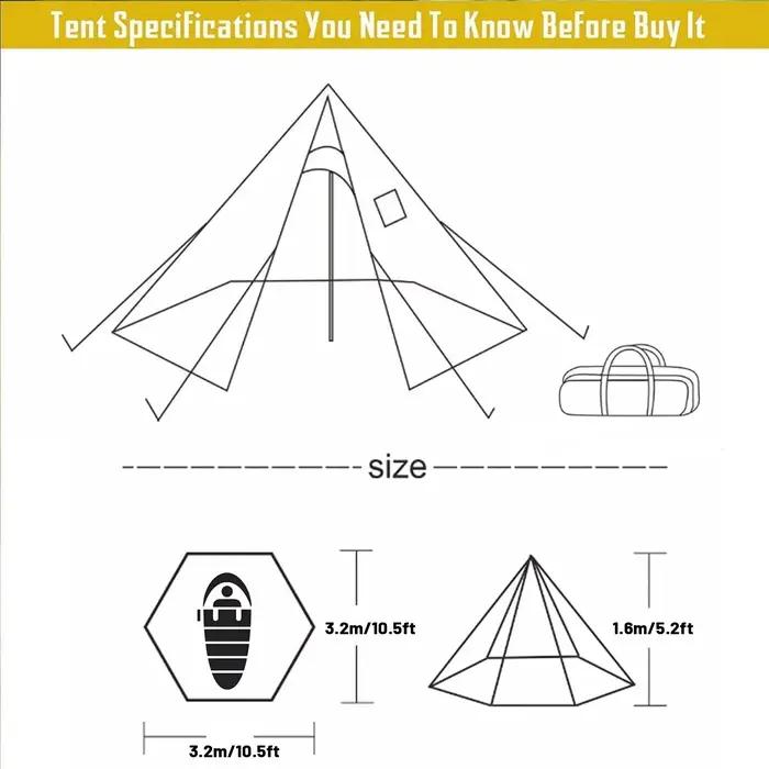 Tente chaude PAKICETUS avec cheminée et jupe anti-neige, espace habitable de 1,60 m à 2,20 m, pour 2 à 4 personnes, tente de randonnée 4 saisons, Tipi Ten