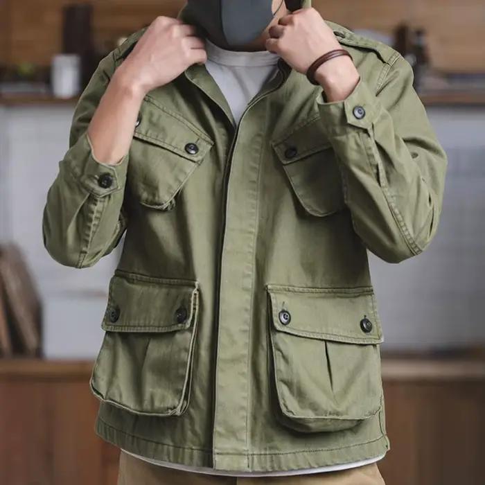 Veste de travail délavée rétro américaine pour hommes, style de rue vert, poches multiples, vestes cargo, streetwear utilitaire