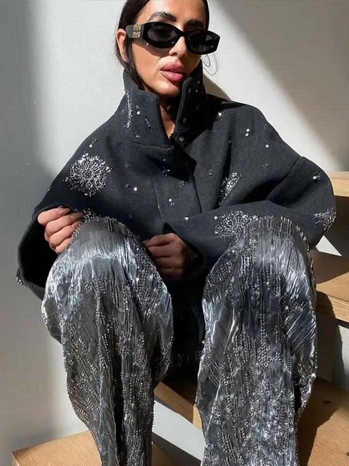 Manteau en laine à fleurs perlées pour femmes, col montant, paillettes grises, pardessus court, veste décontractée à col haut, vêtements d'extérieur élégants