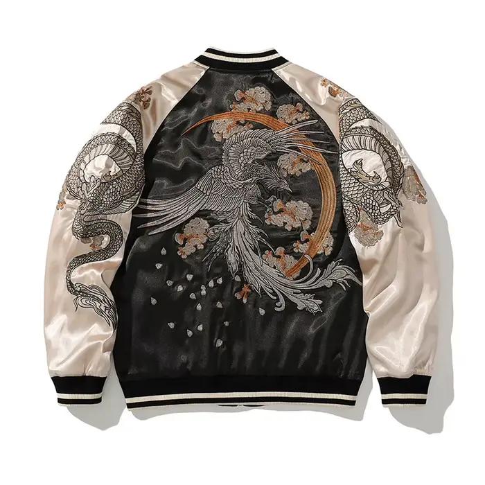 Blouson Bomber Homme en Satin Broderie Dragon Phénix Décontracté Streetwear Printemps Automne Col Montant Vêtement d'extérieur Tendance SukajanA1
