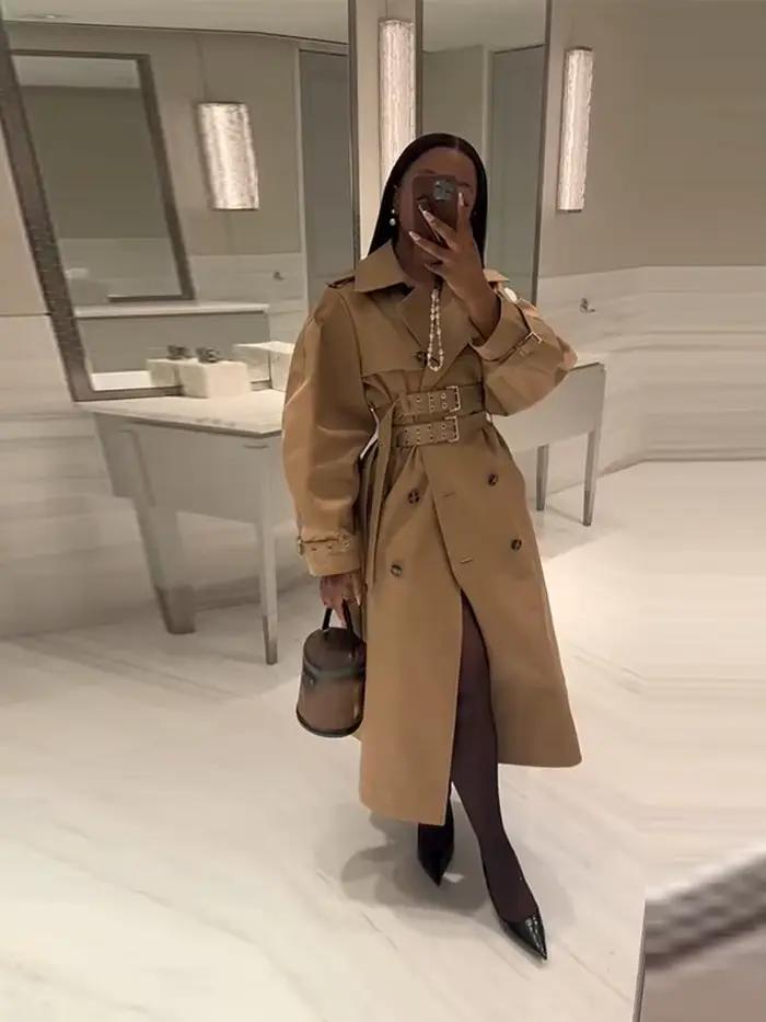Coupe ample Long Trench Coat femmes solide Double boutonnage ceinturé taille coupe-vent femme automne hiver Chic décontracté vêtements de rue