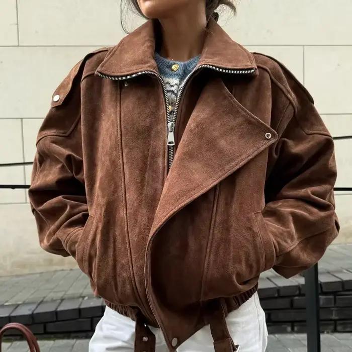 Vestes en cuir suédé à revers Maillard pour femmes