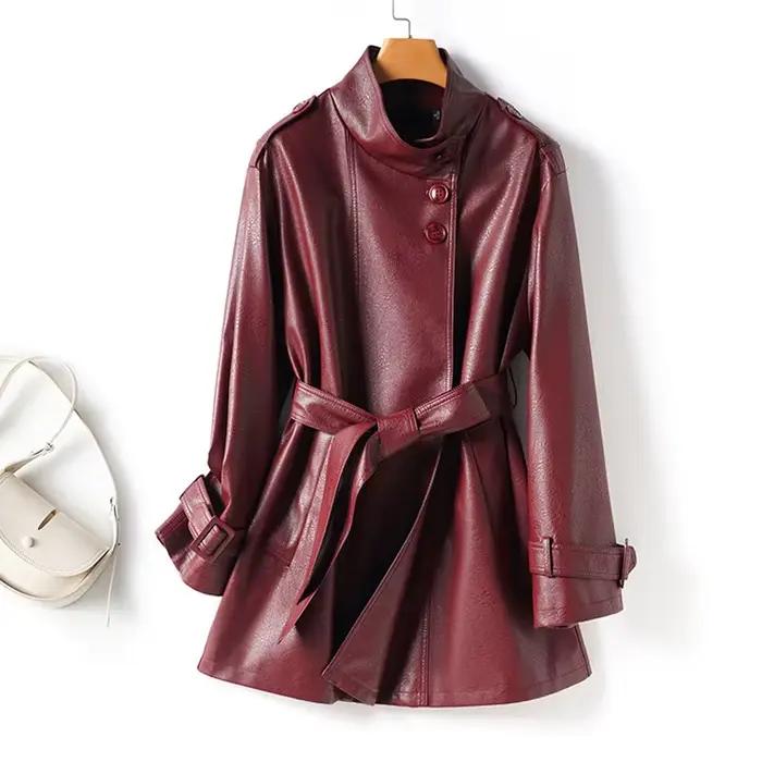 Manteaux courts décontractés en peau de mouton pour femmes, collection Printemps-Automne 2026, élégants, avec col montant, ceinture et fentes, en cuir de mouton