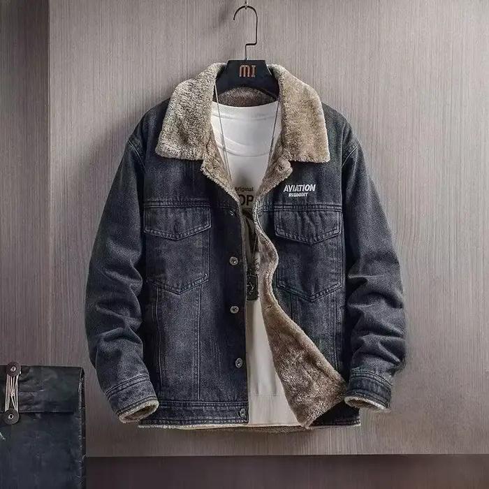 Manteau de Cowboy d'hiver pour hommes, vestes en Denim chaudes Vintage, rembourré Sherpa, ample, élastique, rétro japonais, vêtements d'extérieur de haute qualité, 2025