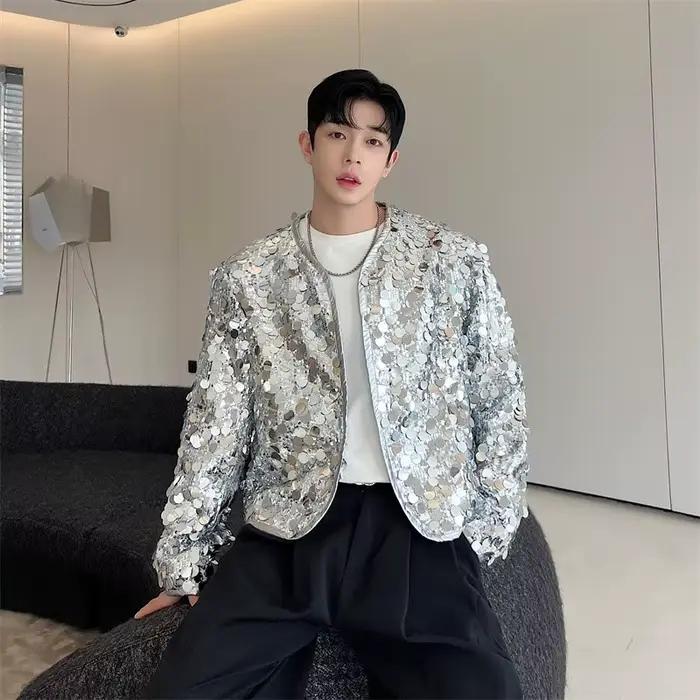 Veste à paillettes brillantes pour hommes, mode noir argent scintillant, manches longues, décontractée, Bomber, fête, Club, mode, manteaux de rue
