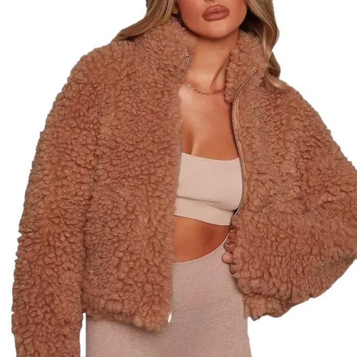 Veste courte en laine d'agneau pour femme, bleu ciel, col rond, sans capuche, fermeture éclair, automne, par bywindto, occase spéciale