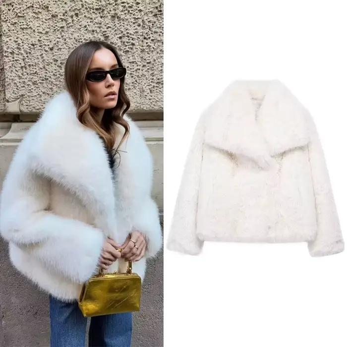 HXAO blanc fausse fourrure manteau 2024 femme nouveau en manteaux automne hiver