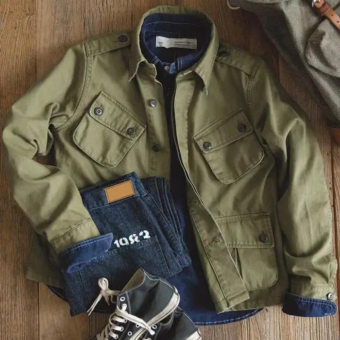 Veste de travail délavée rétro américaine pour hommes, style de rue vert, poches multiples, vestes cargo, streetwear utilitaire