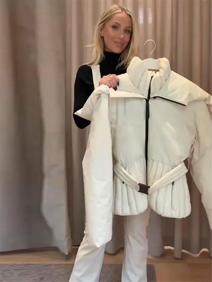Doudoune d'hiver pour femme col montant manteaux de Ski rembourrés manches lanternes ceintures à glissière mince automne hiver manteau nouvelle dame vêtements d'extérieur