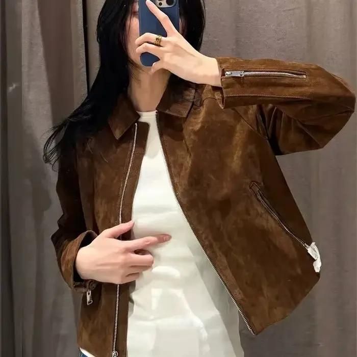 HXAO femmes Bomber vestes automne recadrée manteau en daim veste