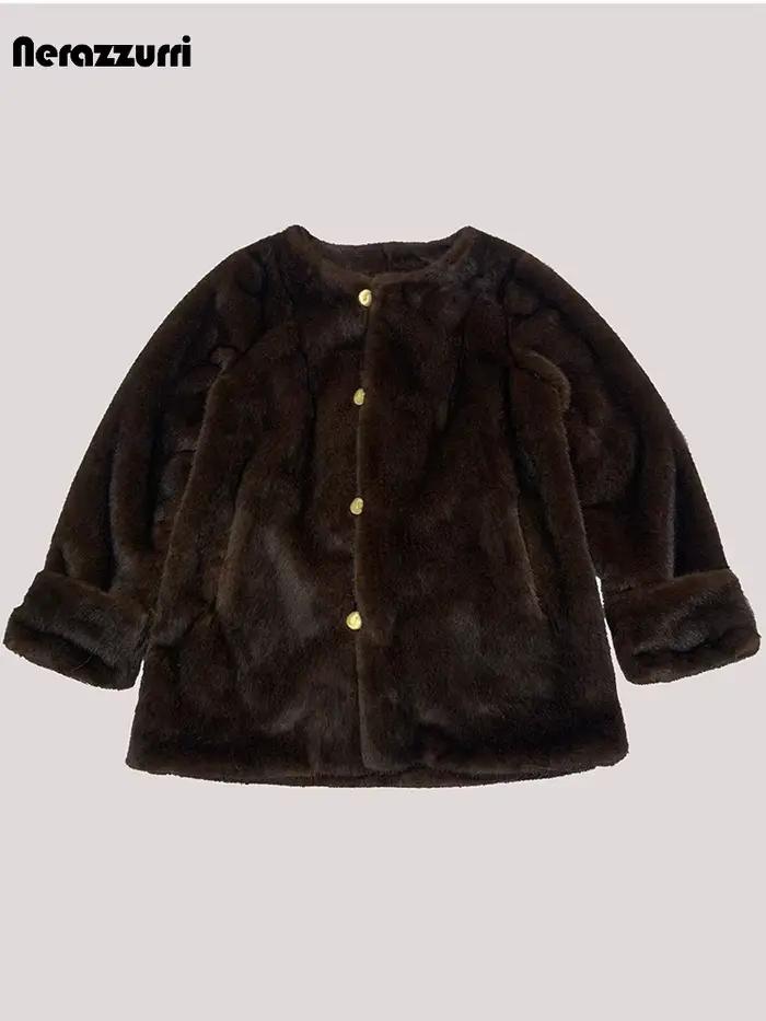 Manteau en fausse fourrure de vison Nerazzurri pour femme, veste moelleuse chic, marron, chaud, doux, élégant, luxe, vêtements de styliste, printemps, automne, hiver, 2025