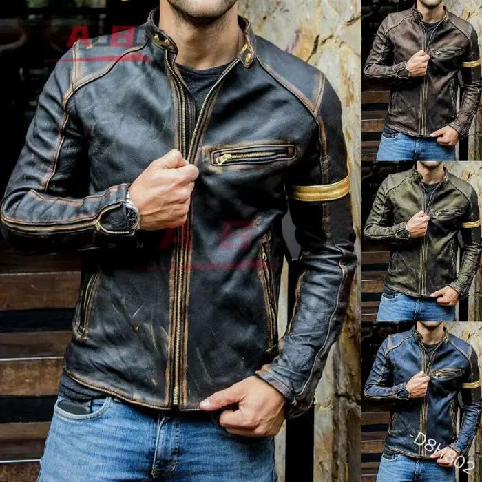 Blouson en cuir rétro pour moto, style streetwear, décontracté, pour homme, vêtement d'extérieur, équipement moto, S-5XL