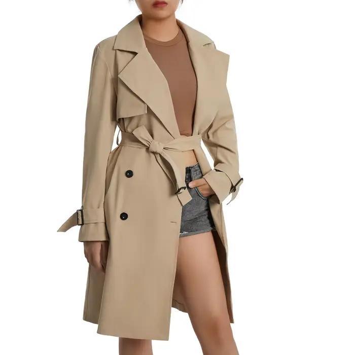 Femmes automne mode décontracté couleur unie Trench manteau dames élégant à manches longues revers cou Double boutonnage ceinturé Trench manteau