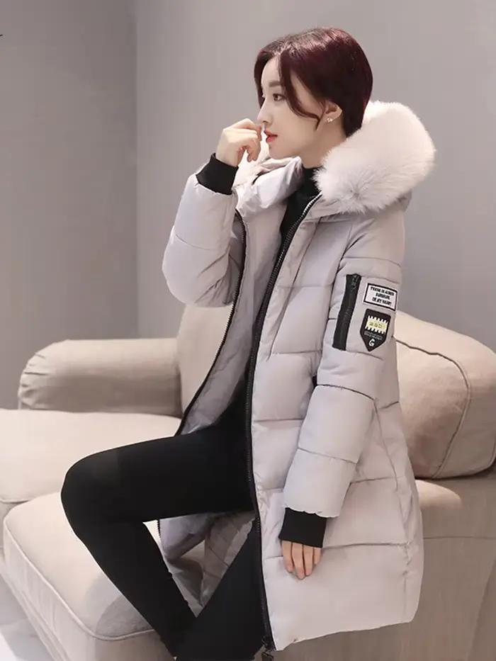 Parka à capuche pour femme, fourrure doublée, polyester chaud, longue veste élégante, poches zippées, confort hivernal, style décontracté, occassions spéciales
