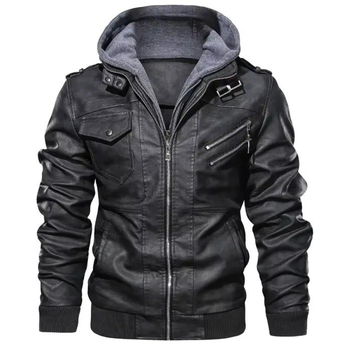 Hommes vestes faux deux veste en cuir Double fermeture éclair amovible à capuche Biker manteau en cuir mâle Cardigan pardessus