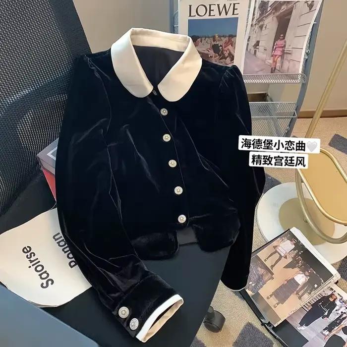 Manteau à col Peter Pan en velours noir pour femme printemps junior décontracté vêtements d'extérieur vestes polyester haute qualité