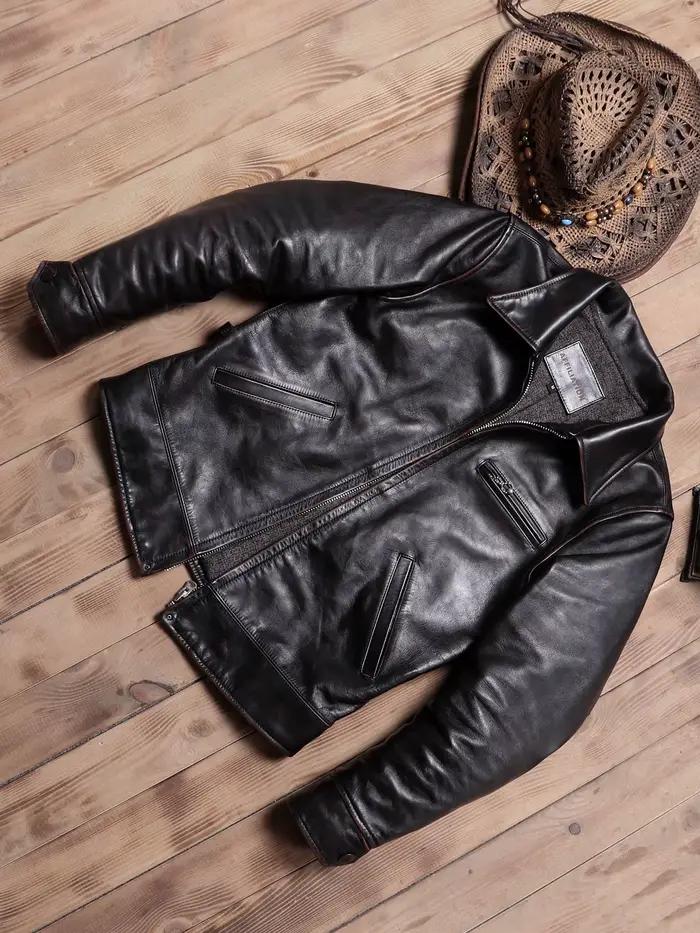 Veste en cuir noire pour homme, style rétro vintage, en cuir de vache véritable, col rabattu, coupe ajustée, courte, style années 1930