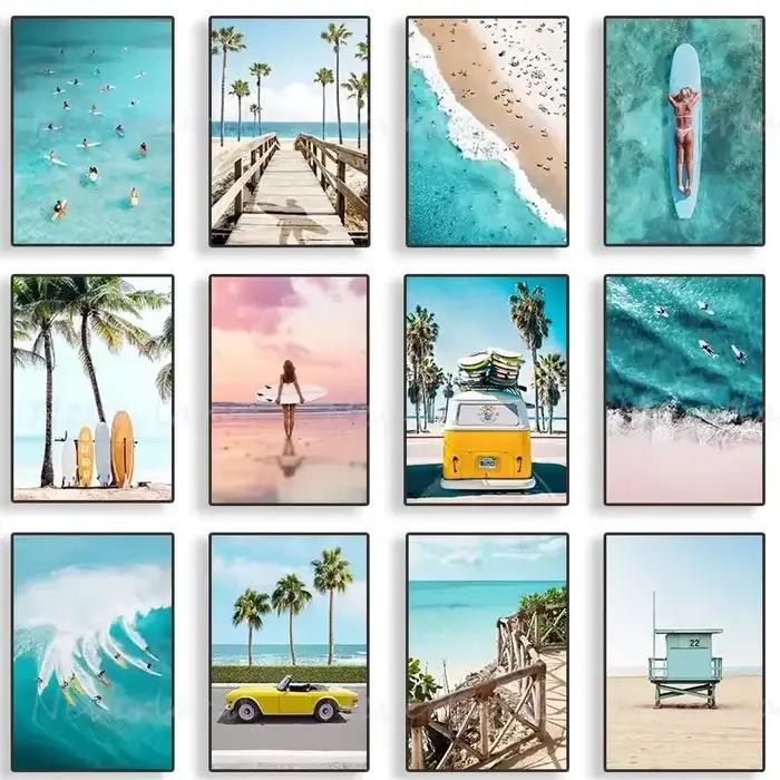 Affiches murales d'art tropical : Plage, mer, surf, palmiers – Peinture sur toile minimaliste pour salon, décoration moderne pour la maison