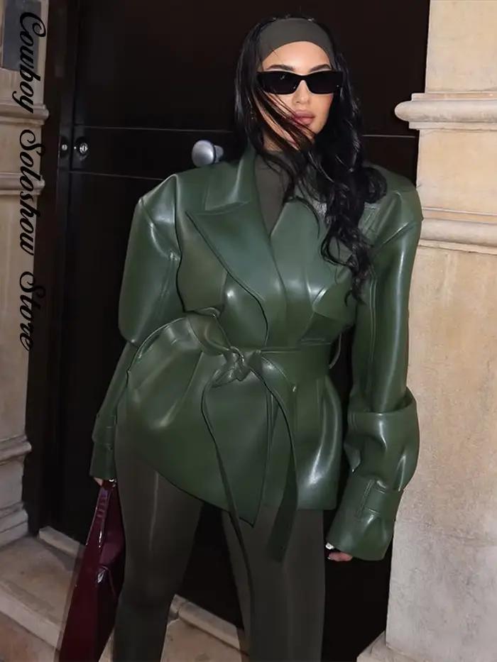 Veste en cuir vintage à lacets, col à revers uni, taille cintrée, poches, coupe ample et courte, pour femme, nouvelle mode, style urbain chic, vêtement d'extérieur 2026