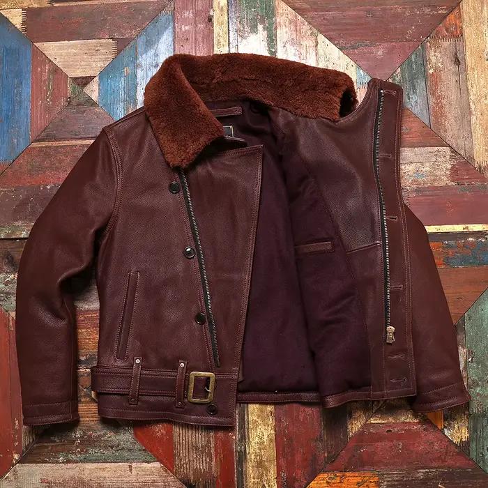Veste en cuir d'hiver marron rouge pour homme