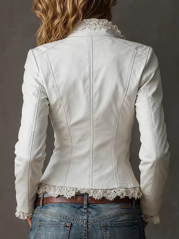Veste élégante en similicuir PU avec bordure en dentelle pour femme