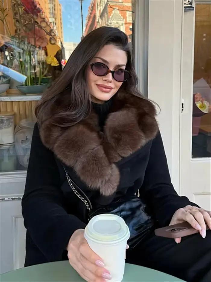 Col de fourrure à lacets manteau femme couleur unie taille cintrée manches longues vestes polyvalentes luxueux mode femmes nouveaux manteaux chauds