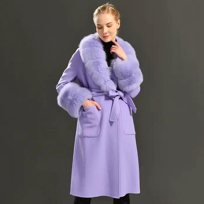 Jaxmonoy 2025 femmes manteau d'hiver Double face manteaux en cachemire avec vraie fourrure de renard dames manches