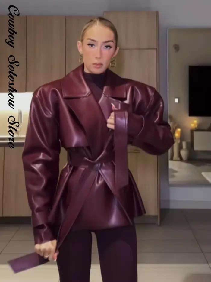 Veste en cuir vintage à lacets, col à revers uni, taille cintrée, poches, coupe ample et courte, pour femme, nouvelle mode, style urbain chic, vêtement d'extérieur 2026