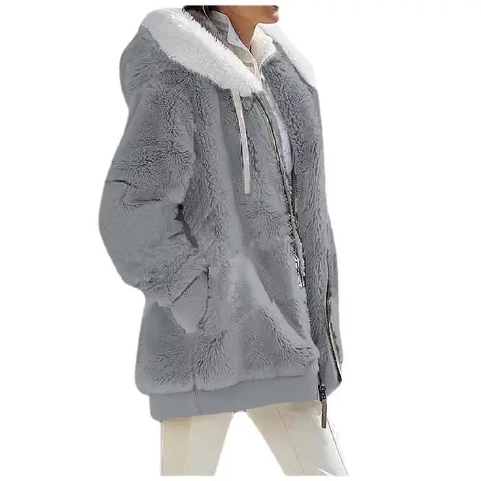 Mode d'hiver femmes manteau nouveau décontracté à capuche fermeture éclair dames vêtements cachemire automne